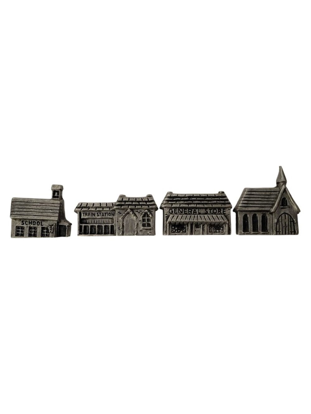 Vintage Carson Pewter Christmas Village Buildings Reversible Set of 4 1990s